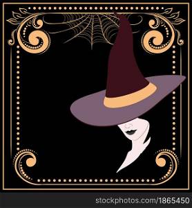 Abstract face and big witch hat with floral, Halloween themed illustration.