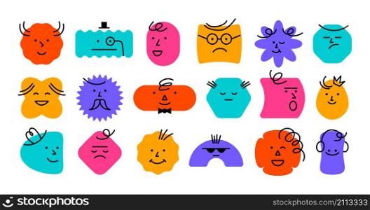 Abstract face. Happy doodle character , cartoon comic avatar, minimalistic person. Vector set illustrations image isolated cute characters. Abstract face. Happy doodle character icons, cartoon comic avatar, minimalistic emoji person. Vector set
