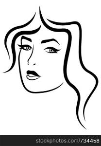 Abstract face of attractive and charming lady, black vector hand drawing on the white background