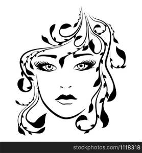 Abstract face of attractive and charming lady with stylized floral hair, black vector hand drawing on the white background