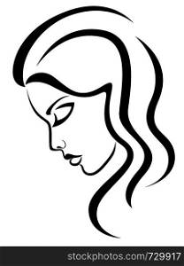 Abstract face of attractive and charming woman, side view, black vector hand drawing on the white background