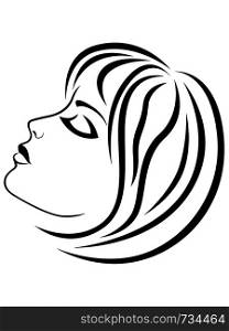 Abstract face of beautiful and charming girl with closed eyes and sensual face, side view, black vector hand drawing on the white background