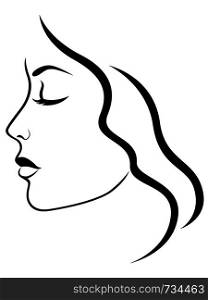 Abstract face of beautiful and charming girl with closed eyes, side view, black vector hand drawing on the white background