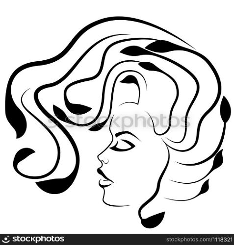 Abstract face of beautiful and charming girl with stylized floral hair, side view, black vector hand drawing on the white background