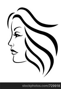 Abstract face of beautiful and charming woman, side view, black vector hand drawing on the white background