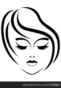 Abstract face of beautiful and charming woman with closed eyes, black vector hand drawing on the white background