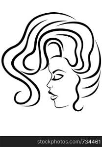Abstract face of beautiful and charming woman with closed eyes, side view, black vector hand drawing on the white background
