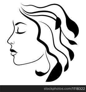Abstract face of beautiful and charming woman with stylized floral hair, side view, black vector hand drawing on the white background