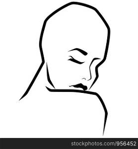 Abstract face of sensual hairless woman leaning head to shoulder with closed eyes, back view, isolated on white background, hand drawing vector outline