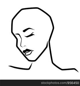 Abstract face of sensual hairless woman tilting her head to the side, isolated on white background, hand drawing vector outline