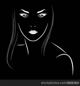 Abstract face of sensual woman with long hair, isolated on black background, hand drawing vector outline