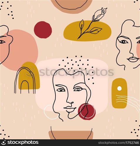 Abstract face pattern. Seamless minimalist contemporary young girl contour portraits with one line floral elements. Natural beige colors. Decor textile, wrapping paper wallpaper vector print or fabric. Abstract face pattern. Seamless minimalist contemporary girl portraits with one line floral elements. Natural beige colors. Decor textile, wrapping paper wallpaper vector print or fabric