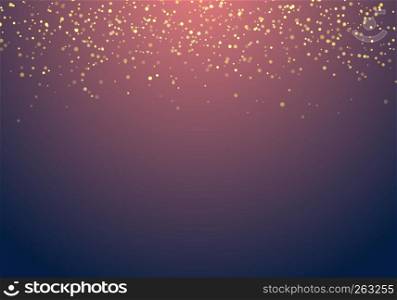 Abstract falling golden glitter lights texture on a dark blue background with lighting. Magic gold dust and glare. Festive Christmas background. Vector illustration