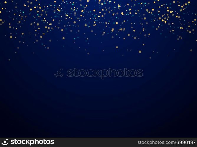 Abstract falling golden glitter lights texture on a dark blue background with lighting. Magic gold dust and glare. Festive Christmas background. Vector illustration