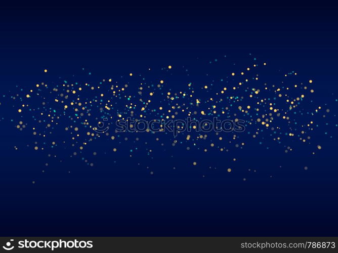 Abstract falling golden glitter lights texture on a dark blue background with lighting. Magic gold dust and glare. Festive Christmas background. Vector illustration