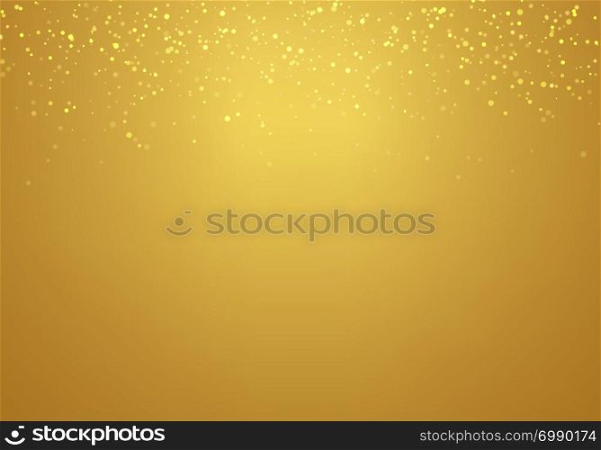 Abstract falling golden glitter lights texture on a gold gradient background with lighting. Magic gold dust and glare. Festive Christmas background. Vector illustration