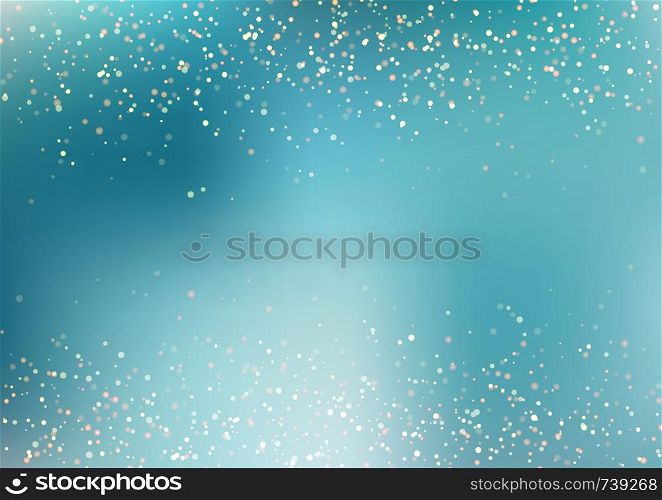 Abstract falling golden glitter lights texture on blue turquoise background with lighting. Magic gold dust and glare. Festive Christmas background. Vector illustration