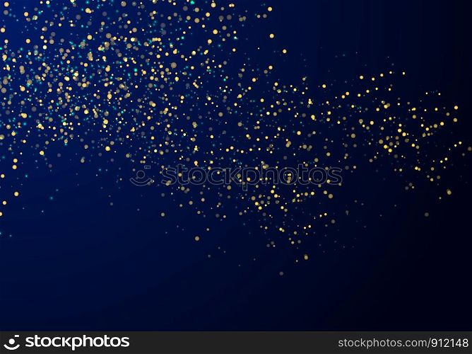 Abstract falling particles golden glitter lights texture on a dark blue background with lighting. Magic gold dust and glare. Festive Christmas background. Vector illustration