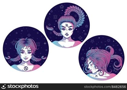 Abstract fantasy Water zodiac astrological signs with girls, avatar design.