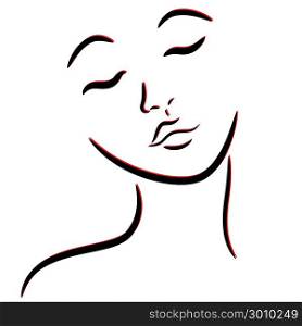 Abstract female face with closed eyes, hand drawing vector outline in black and red colors