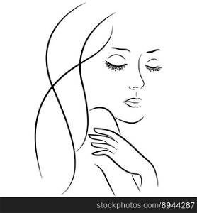 Abstract female face with closed eyes, hand drawing vector outline over white