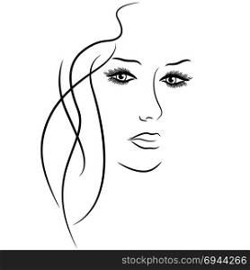 Abstract female face with detailed eyes, hand drawing vector outline over white