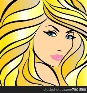 Abstract female half turn portrait with bright yellow hair, colorful hand drawing vector artwork