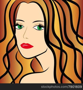 Abstract female half turn portrait with chestnut hair, colorful hand drawing vector artwork