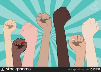 Abstract female hands with fist raised up, retro style illustration.