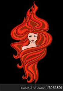Abstract female head with extraordinary hairstyle of fiery red wavy hair isolated on the black background, vector illustration