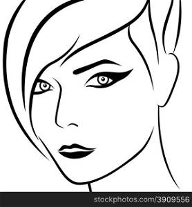 Abstract female head with stylish hair, sketch drawing vector outline