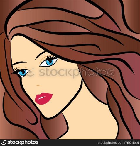 Abstract female portrait with brown hair, colorful hand drawing vector artwork