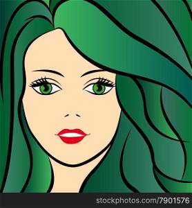 Abstract female portrait with green hair, colorful hand drawing vector artwork