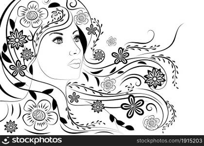 Abstract female portrait with long hair with flowers in black and white illustration.