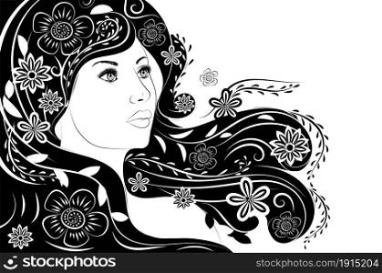 Abstract female portrait with long hair with flowers in black and white illustration.