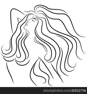 Abstract female portrait with luxurious wavy hair and close eyes, sketching vector illustration. Woman with luxurious hair