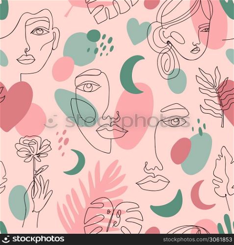Abstract female portraits pattern. Seamless hand drawn outline female face, fashion continuous line girls portrait vector background illustration. Natural beauty, women head and flowers. Abstract female portraits pattern. Seamless hand drawn outline female face, fashion continuous line girls portrait vector background illustration