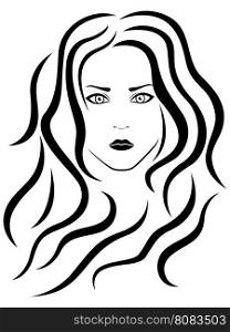 Abstract female with wavy hair, vector black outline
