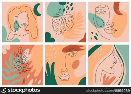 Abstract feminine sketch. Minimalistic design with woman face and plant leaves. One continuous line female portraits with abstract elements. Hand drawn fashion beauty girls vector set. Abstract feminine sketch. Minimalistic design with woman face and plant leaves. One continuous line female portraits