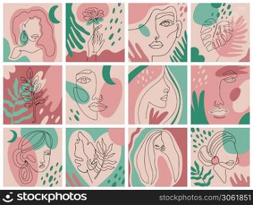 Abstract feminine sketch. Modern hand drawn woman face, outline fashion girls portraits, minimalist female portrait vector illustration icons set. One line continuous abstract drawing. Abstract feminine sketch. Modern hand drawn woman face, outline fashion girls portraits, minimalist female portrait vector illustration icons set