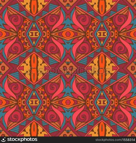 Abstract festive colorful ethnic tribal bohemian pattern Seamless nomadic geometric psychedelic colorful print. Ornamental doodle textile design. Tribal ethnic indian seamless vector design. Festive colorful psychedelic art pattern. Coloful tribal background