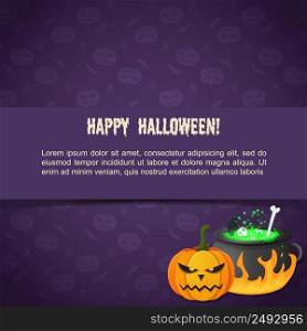 Abstract festive Halloween template with text evil pumpkin potion boiling in cauldron on purple background vector illustration. Abstract Festive Halloween Template