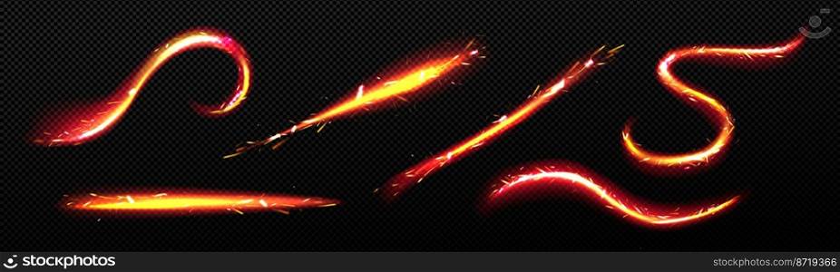 Abstract fire lines with sparks, bright glow lines isolated on transparent background. Vector realistic set of waves and swirls of flame streaks with sparkles. Abstract fire lines with sparks, bright glow lines