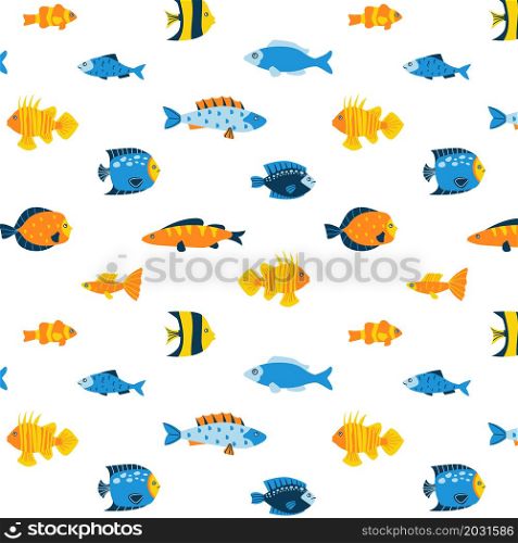Abstract fish pattern. Seamless print of minimalistic sea and ocean fish with simple ornaments, geometric marine habitants for kids illustrations on white background. Underwater fauna vector texture. Abstract fish pattern. Seamless print of minimalistic sea and ocean fish with simple ornaments, geometric marine habitants for kids illustrations on white background. Vector texture