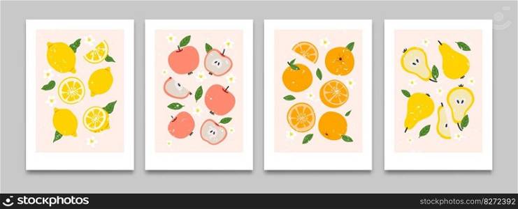 Abstract flat posters with fruit. Cartoon poster with tropical appetizing citrus, organic berry, fresh pear and apple, sweat peach on background. Vector set. Plant blossom, half and whole lemon orange. Abstract flat posters with fruit. Cartoon poster with tropical appetizing citrus, organic berry, fresh pear and apple, sweat peach on background. Vector set