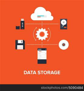 Abstract flat vector illustration of data storage concept isolated on red background. Design elements for web.