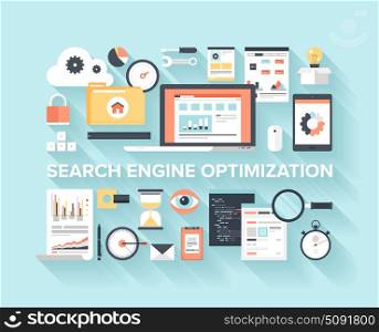 Abstract flat vector illustration of search engine optimization, data analysis and storage, cloud computing, and program coding concept with long shadow on blue background. Design elements for web.