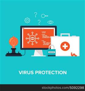 Abstract flat vector illustration of virus protection concept isolated on blue background. Design elements for web.