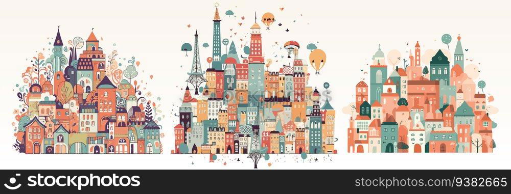 Abstract flat vector illustration of whimsical city. Abstract flat vector illustration of whimsical city.