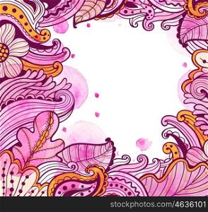 Abstract floral autumn frame with pink watercolor blots. Hand drawn vector illustration.